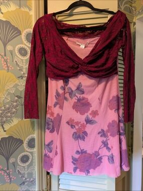 NWT UO Kimchi Blue Pink Floral A-Line Dress with Burgundy Lace Off The Shoulder
